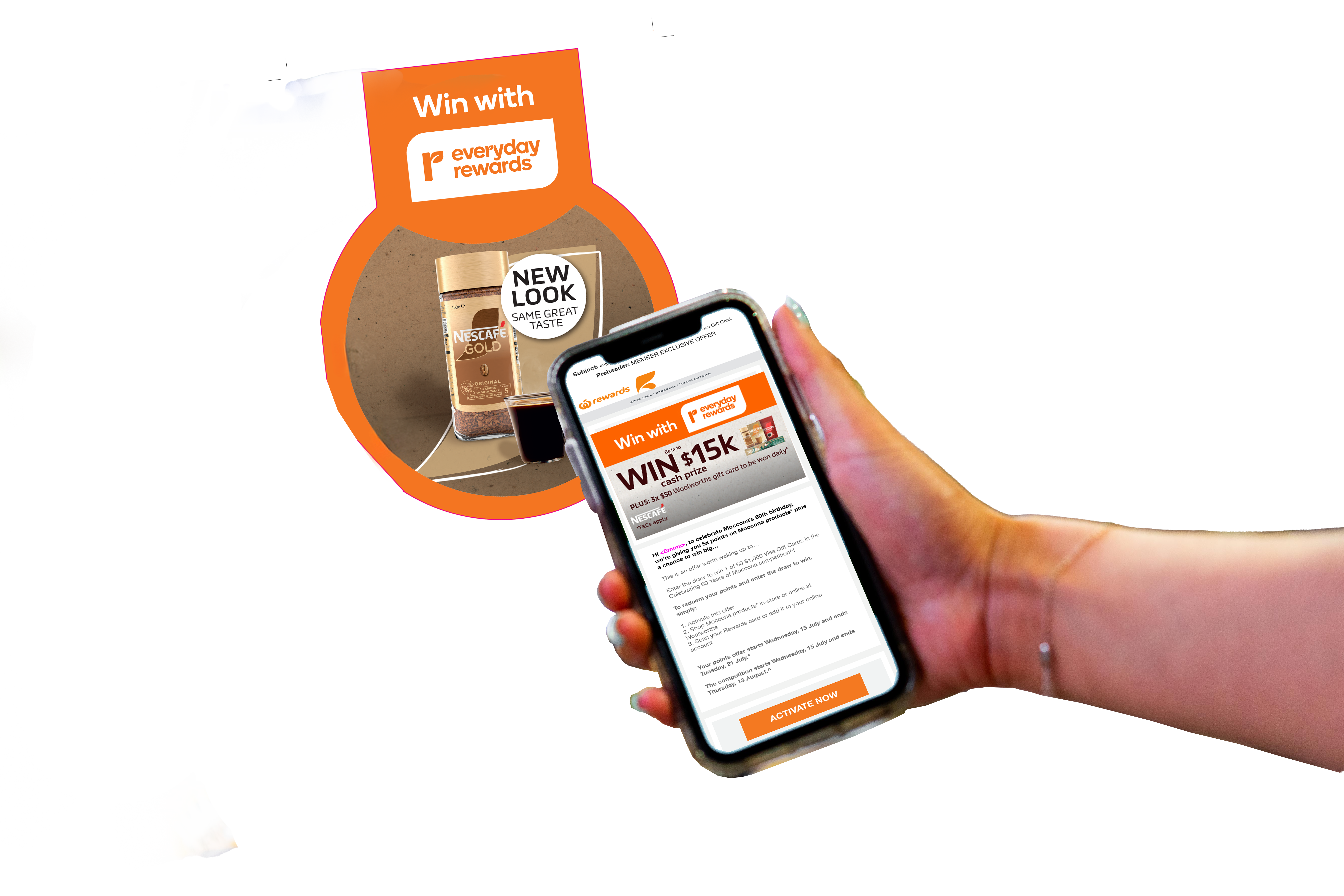 hand with phone with competition and point of sale